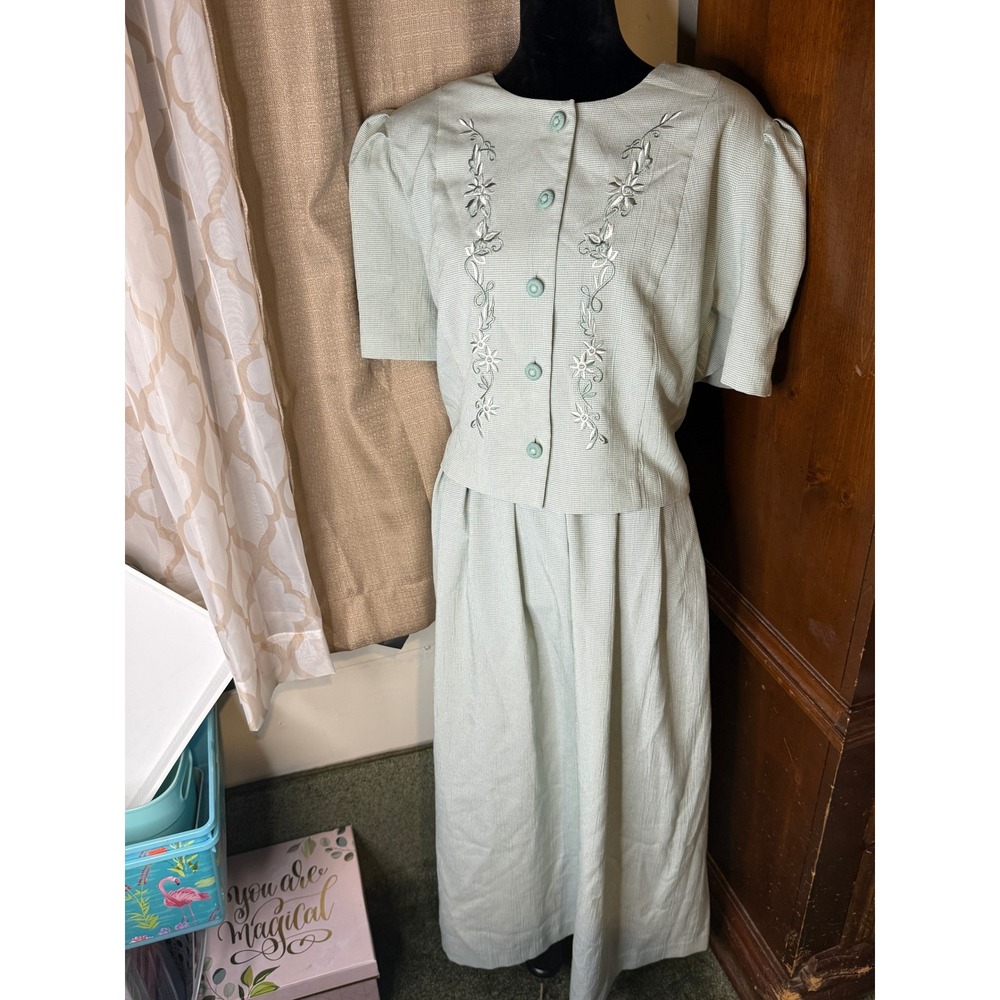 Lady Derby Maxi Dress Women M Sage Green Vintage Embroidered Houndstooth 90s